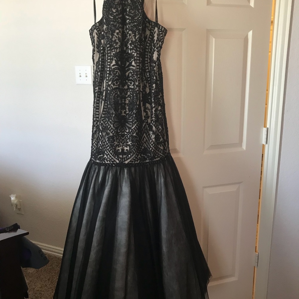 Black backless beaded prom dress